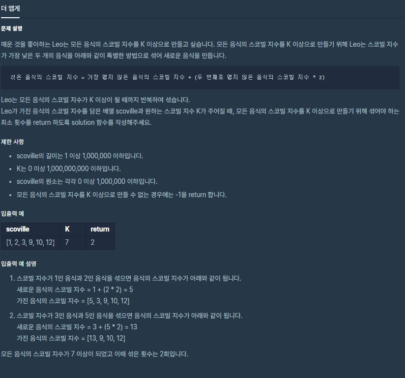  프로그래머스[Java] - (Level2)더 맵게(Heap)