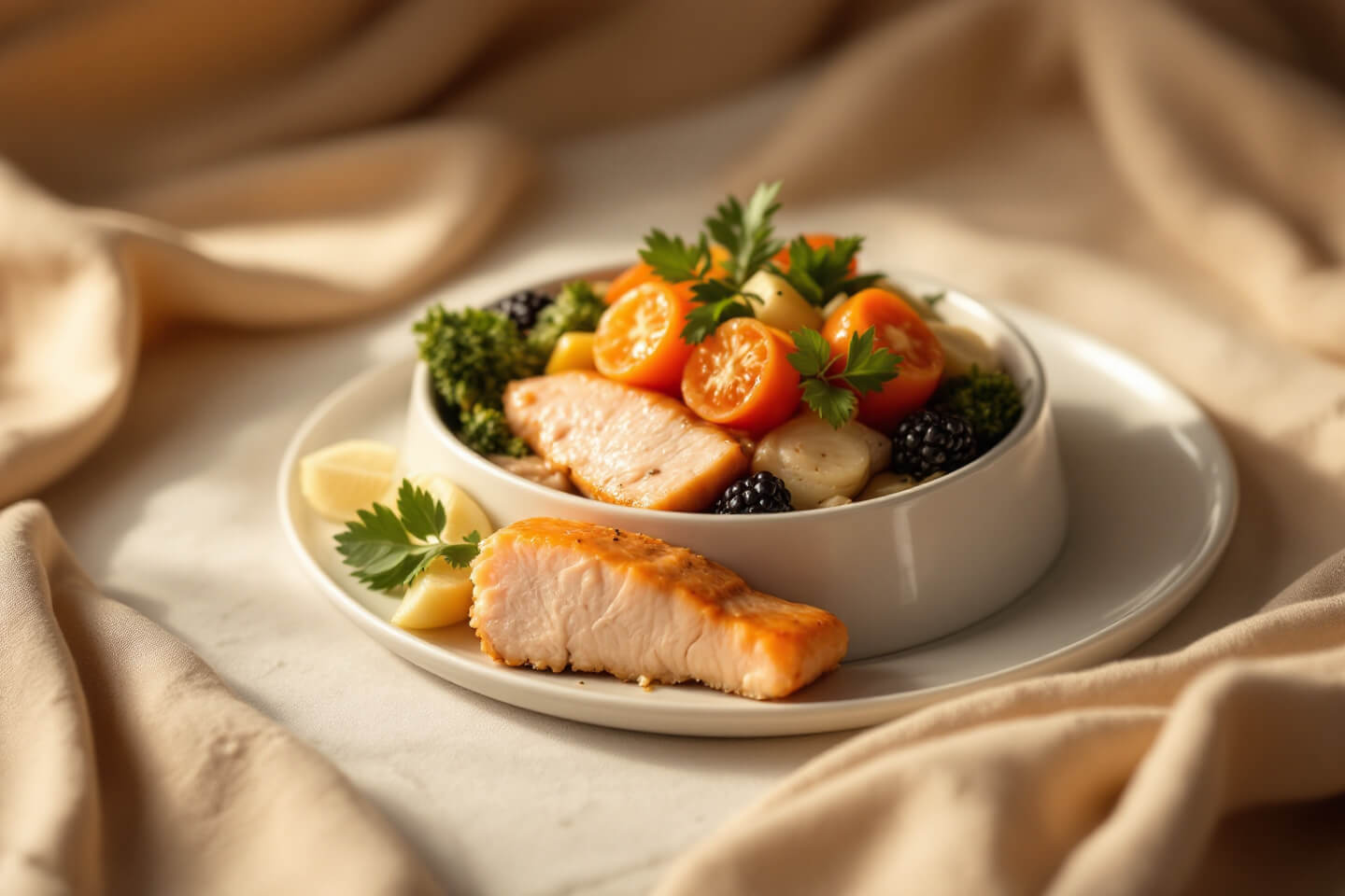 cooked chicken breast and salmon with vegetables for dog