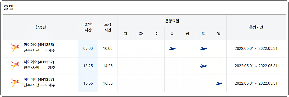 진주 사천공항 - 제주도 시간표(출발)