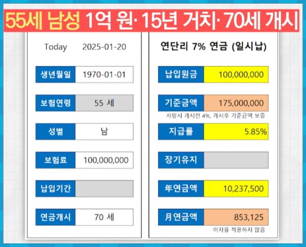 55세 남성 1억원 일시납 연금액 예시