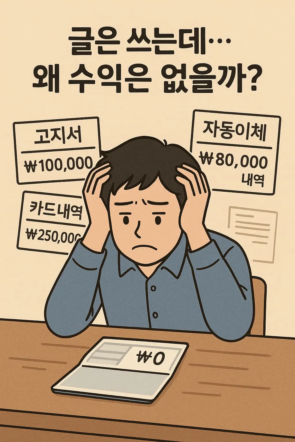 통장 잔고를 보며 수익이 없는 현실에 좌절하는 직장인의 모습