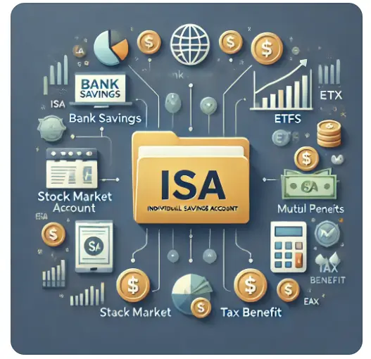 ISA 총정리 - 정가운데 ISA 계좌가 있고 투자 가능한 여러 상품이 그 주위로 퍼져있는 이미지