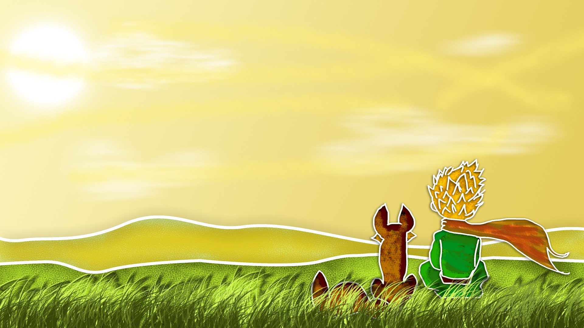 어린왕자와 사막여우가 풀밭에 앉아서 석양을 바라보는 그림 