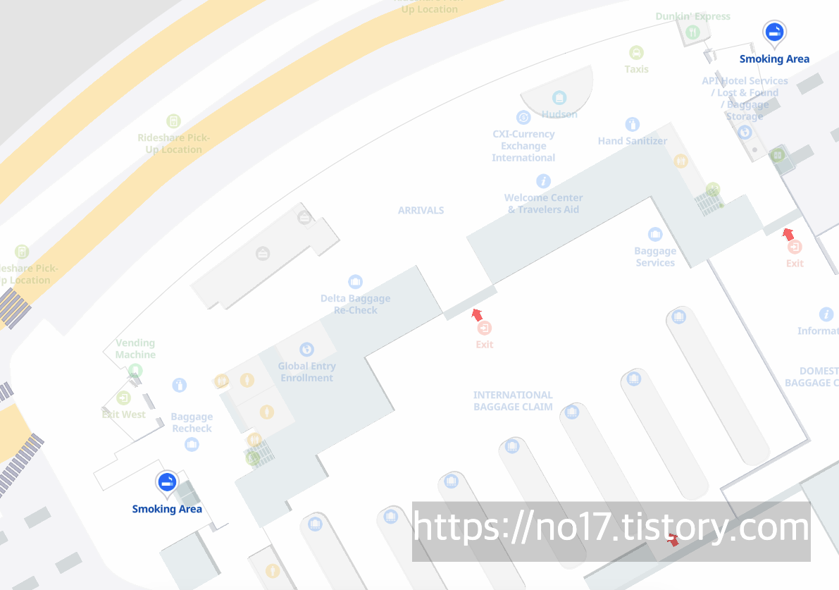 뉴욕 JFK 공항 흡연실 위치 지도 (보안검색 전)