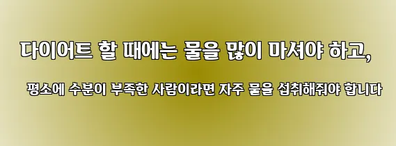  다이어트 할 때에는 물을 많이 마셔야 하고, 평소에 수분이 부족한 사람이라면 자주 물을 섭취해줘야 합니다
