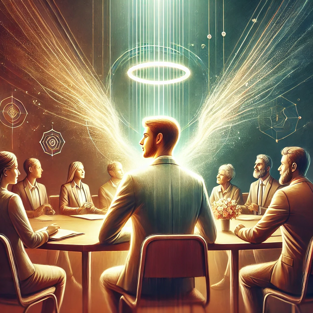 Here is the illustration representing a serene and divinely inspired meeting&amp;#44; with God&amp;#39;s presence symbolizing guidance and blessings&amp;#44; inspired by Psalm 82:1. The image reflects the harmony and acknowledgment of God as the orchestrator of all connections.