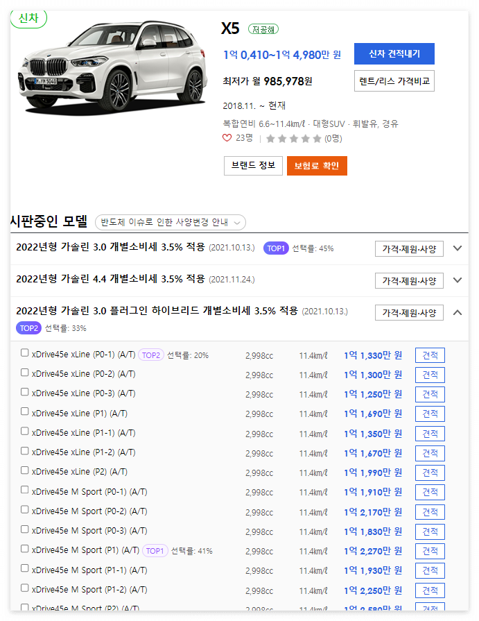 BMW X5 하이브리드 가격표