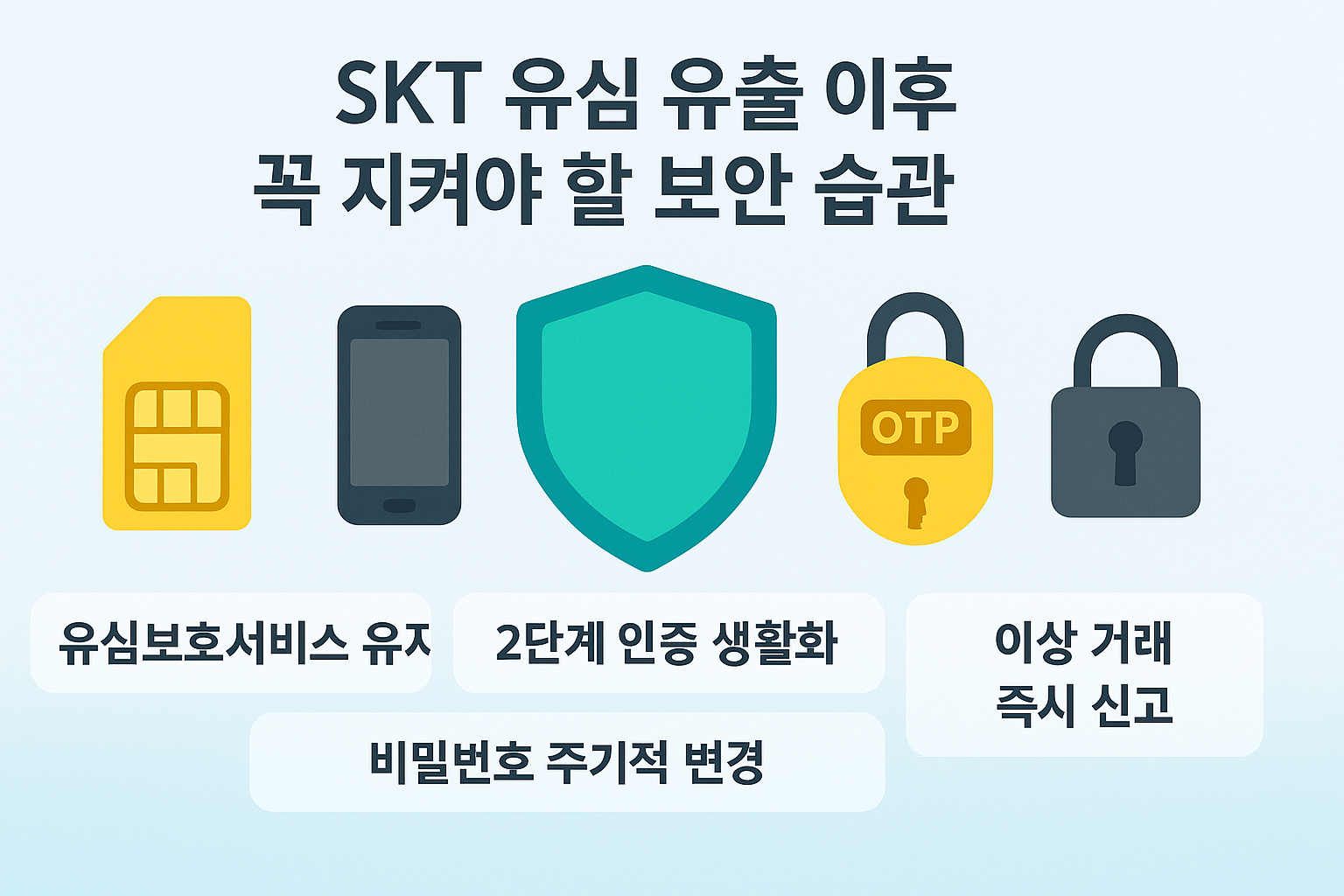 SKT 유심 유출 이후 꼭 지켜야 할 보안 습관을 안내하는 인포그래픽. 중앙에 방패 아이콘, 좌우에 유심칩, 스마트폰, OTP 자물쇠, 일반 자물쇠 아이콘이 나란히 배치되어 있고, 아래에는 '유심보호서비스 유지', '2단계 인증 생활화', '이상 거래 즉시 신고', '비밀번호 주기적 변경' 등 보안 실천 항목이 한글로 큼직하게 적혀 있다.