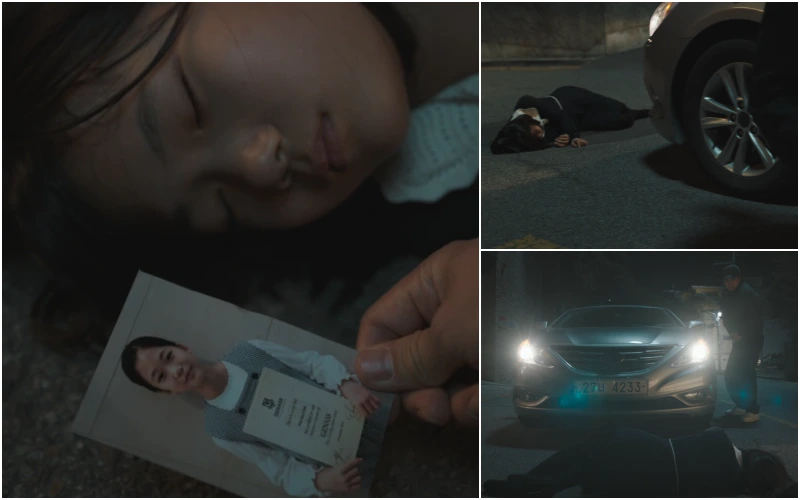 차 앞 길바닥에 남색 원피스를 입고 쓰러져 있는 드라마 유괴의 날의 최로희(유나) 등장 장면