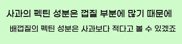  사과의 펙틴 성분은 껍질 부분에 많기 때문에 배껍질의 펙틴 성분은 사과보다 적다고 볼 수 있겠죠.