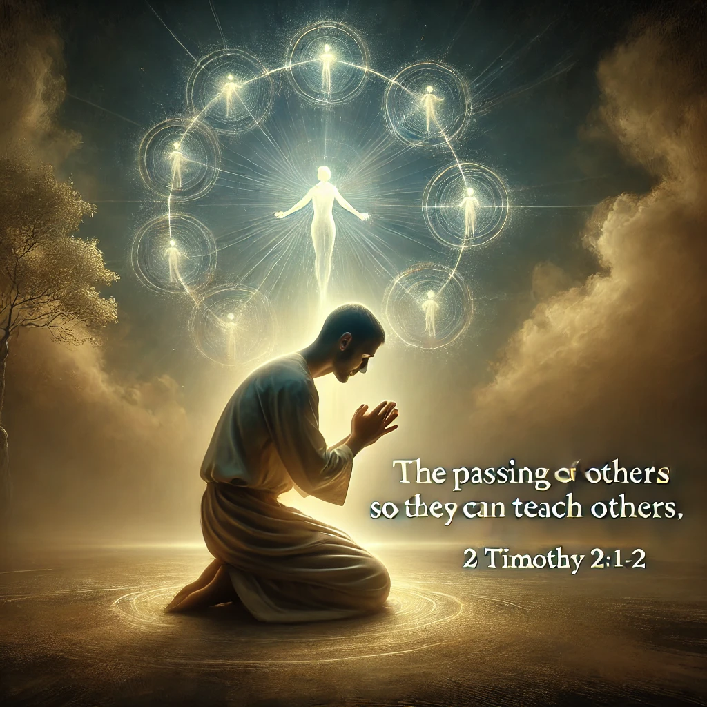 Here is an image depicting a moment of earnest prayer&amp;#44; inspired by 2 Timothy 2:1-2. It highlights the importance of teaching others so they can teach others&amp;#44; with a serene and spiritually uplifting atmosphere.