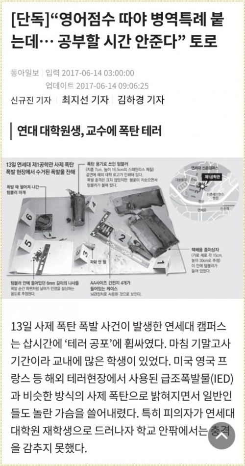 [단독]“영어점수 따야 병역특례 붙 는데… 공부할 시간 안준다&quot; 토로
동아일보
입력 2017-06-14 03:00:00
업데이트 2017-06-14 09:06:25
신규진 기자 최지선 기자 김하경 기자
❘ 연대 대학원생, 교수에 폭탄 테러
13일 연세대 제1공학관 사제 폭탄 폭발 현장에서 수거된 폭발물 잔해
폭넓어져 나간
5
6
3
폭탄 용기로 쓰인 텀블러
제1공학관
TR 2
라인에 들어있던 길이의 나사를 도로 추정된다.
AA사이즈 건전지 4개가 들어있는 케이스 뇌관정치로 사용된 것으로 보인다.
이번에 리가
13일 사제 폭탄 폭발 사건이 발생한 연세대 캠퍼스 는 삽시간에 '테러 공포'에 휩싸였다. 마침 기말고사 기간이라 교내에 많은 학생이 있었다. 미국 영국 프 랑스 등 해외 테러현장에서 사용된 급조폭발물(IED) 과 비슷한 방식의 사제 폭탄으로 밝혀지면서 일반인 들도 놀란 가슴을 쓸어내렸다. 특히 피의자가 연세대 대학원 재학생으로 드러나자 학교 안팎에서는 충격 을 감추지 못했다.