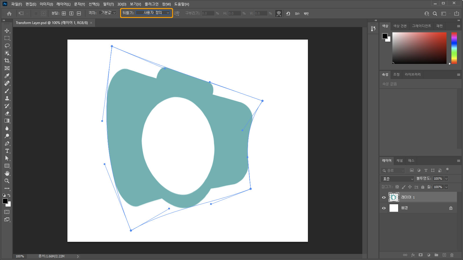 사용자 정의 유형 선택 후 추가적인 뒤틀기 작업 모습