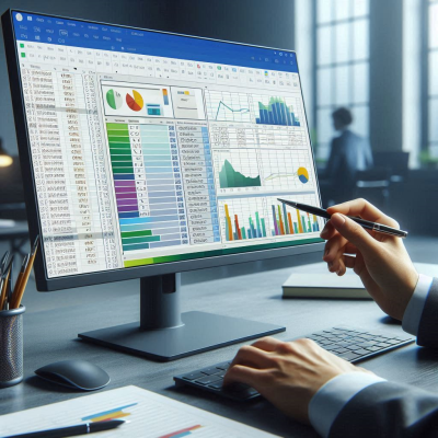 데이터 분석 화면을 보여주는 컴퓨터 모니터, 그래프와 차트가 표시됨.