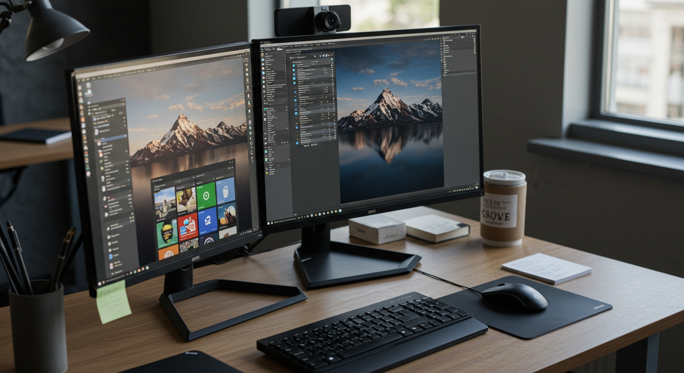 (Image Prompt: A sleek, modern office desk setup with a large monitor (or dual monitors) displaying a clean Windows desktop. A keyboard, mouse, and a notepad are neatly arranged. Professional and productive atmosphere. Style: Realistic photograph.)
