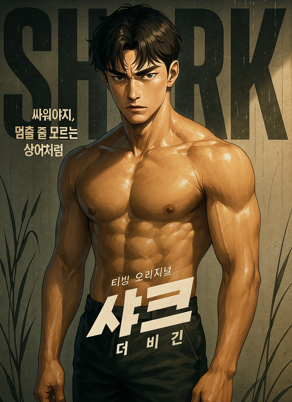샤크 더 비긴. 강렬한 눈빛의 남자주인공이 당신을 봅니다. 싸워야지, 멈출 줄 모르는 상어처럼!!