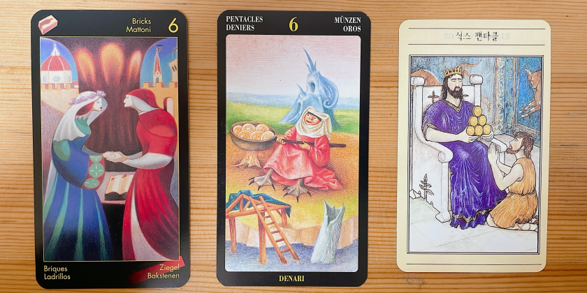 Six of pentacles tarot 타로 6번 펜타클 카드 의미 상징