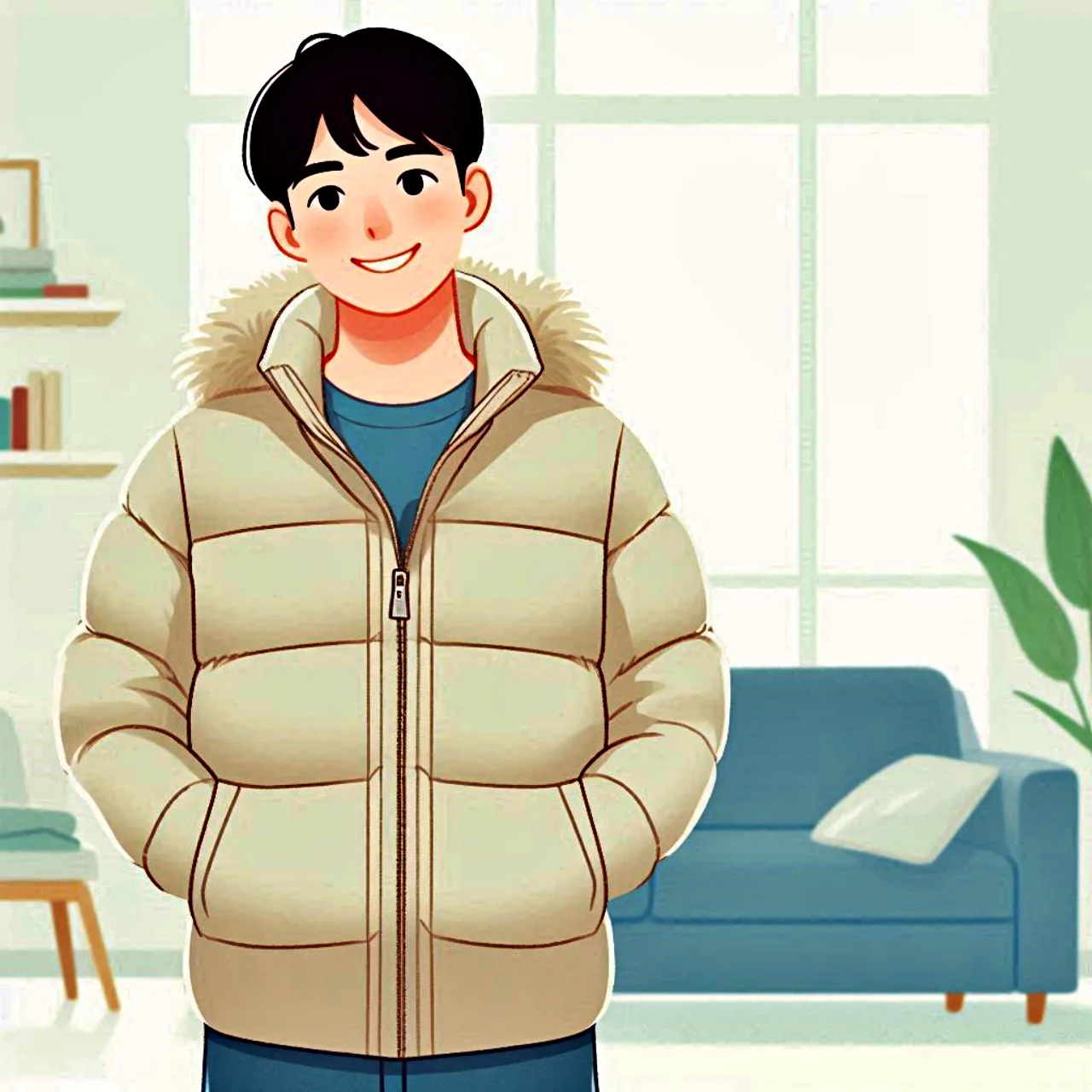 세탁이 완료된 깨끗한 패딩을 입고 기분이 좋은 남성 일러스트 ❘ An illustration of a man feeling happy while wearing a freshly cleaned, spotless padded jacket