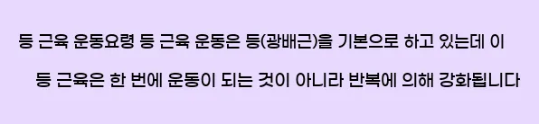  4. 등 근육 운동요령 등 근육 운동은 등(광배근)을 기본으로 하고 있는데, 이 등 근육은 한 번에 운동이 되는 것이 아니라 반복에 의해 강화됩니다.