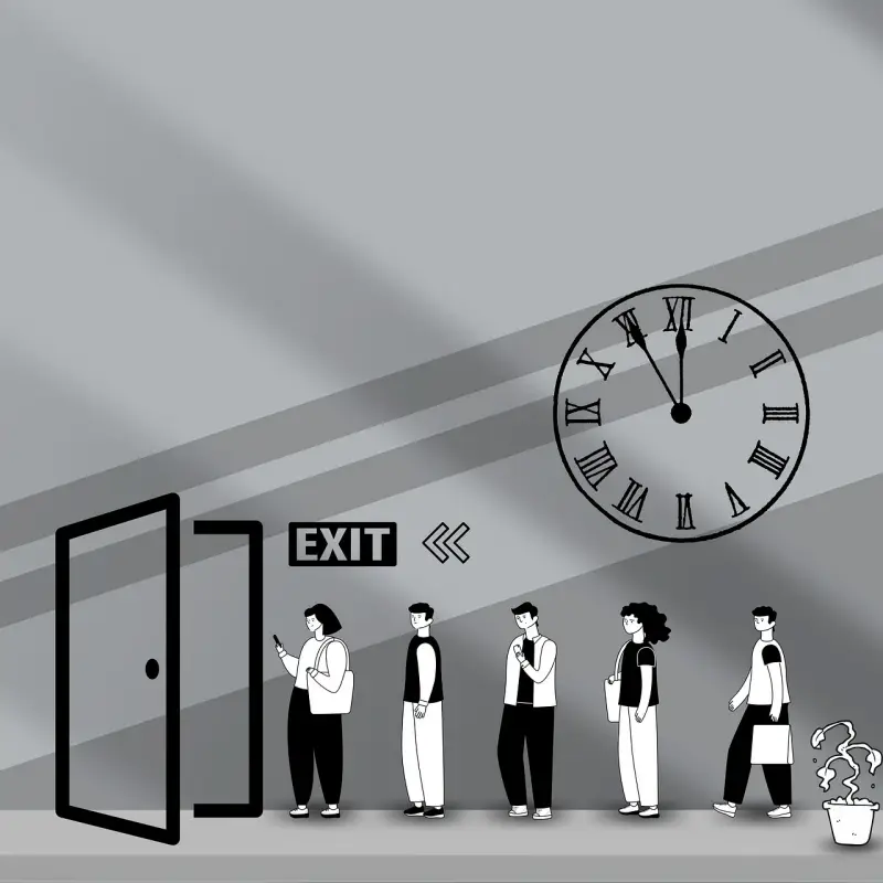 큰-시계가-걸린-벽-아래-출구로-나가기-위애-줄-선-사람들을-표현한-일러스트