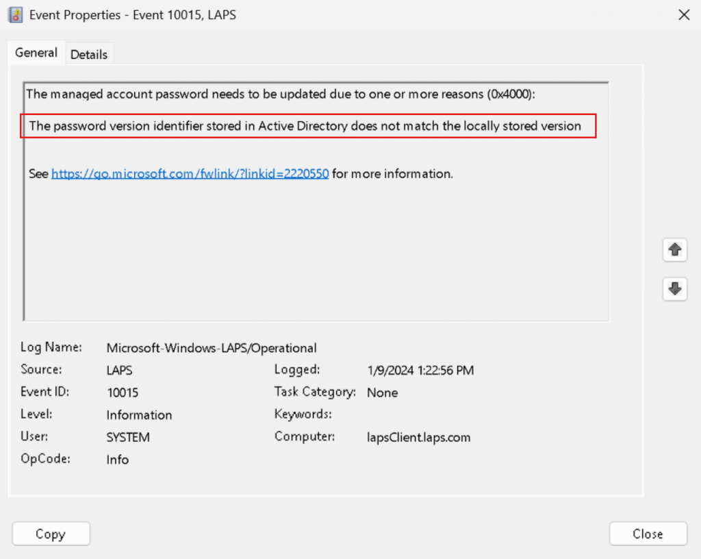 OS 롤백이 감지되면 Windows LAPS 이벤트 로그 메시지가 표시됩니다