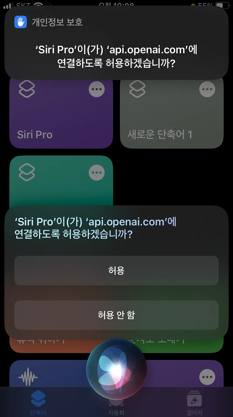Siri가 api.openai.com에 연결하도록 허용