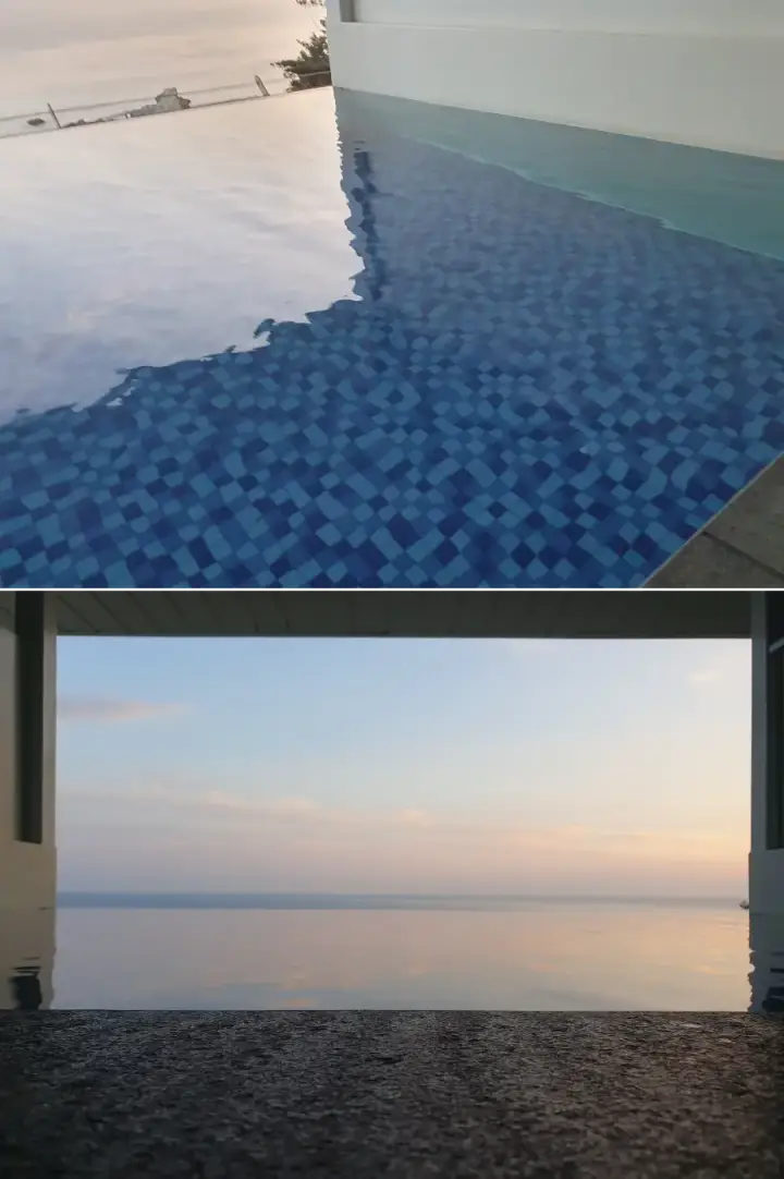 수영장의-파란타일과-바다와-수평선을-이루는-수영장표면