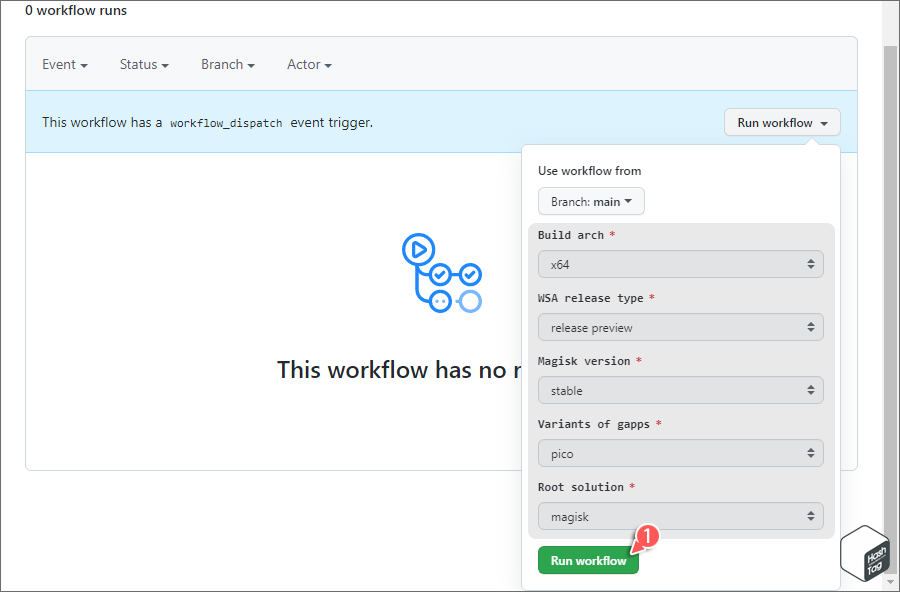 Run workflow 실행 창