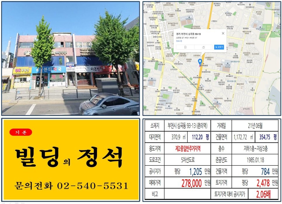  [부천시 대로변 20억 꼬마빌딩 실거래가 조회] 심곡동 93-13 (춘의역) 27억 8,000만 원, 평당 2,478만 원 매매되었습니다.
