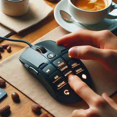 다수의 버튼이 달린 매크로 마우스를 조작하는 손