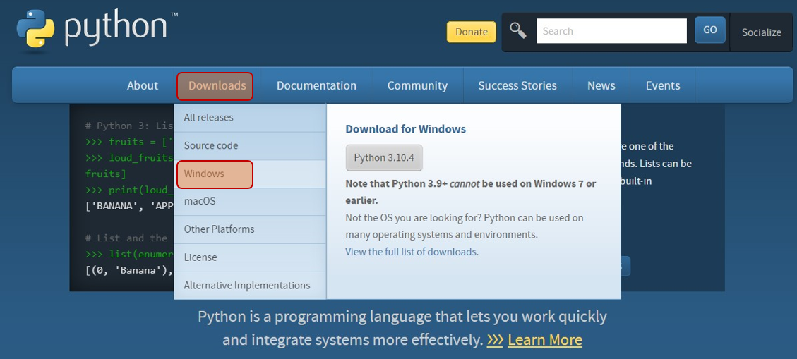 파이선 다운로드 화면
