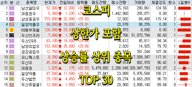  코스피/코스닥 상한가 포함 상승률 상위 종목 TOP 30 (0616)