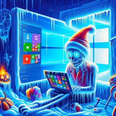 산타모자를 쓴 해커가 얼어붙은 윈도우 노트북을 조작하는 장면