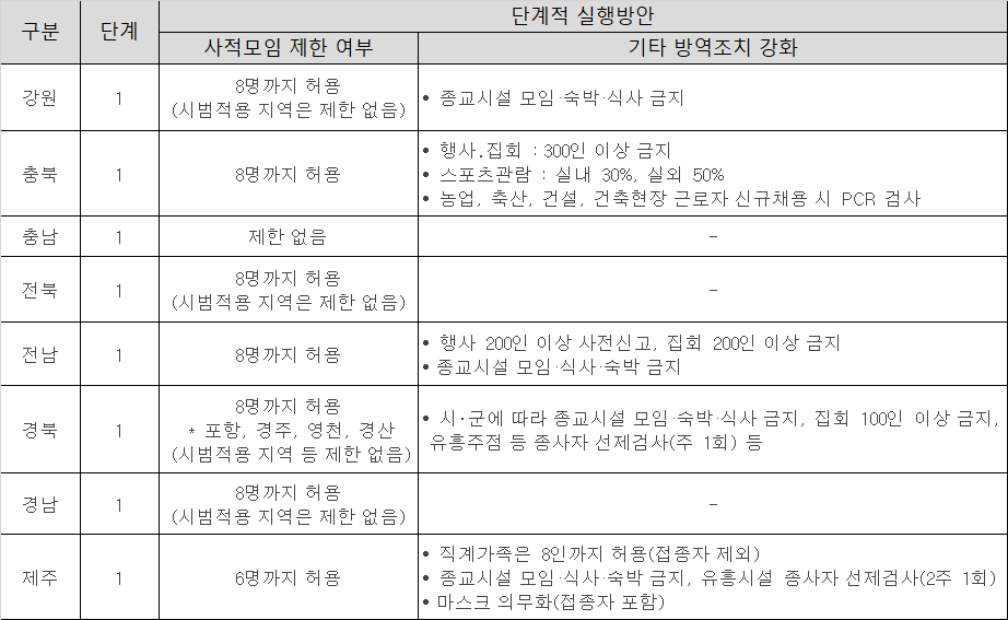 지방자치구에-적용되는-사회적-거리두기의-내용이-정리된-표