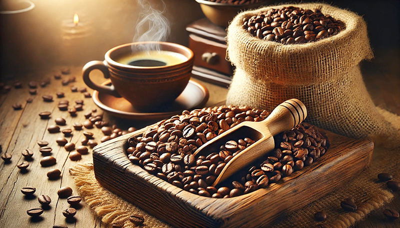 A high-quality image of Kenya AA coffee beans, freshly roasted, displayed in a rustic wooden tray with a scoop. Steam is rising from a cup of Kenya AA coffee.