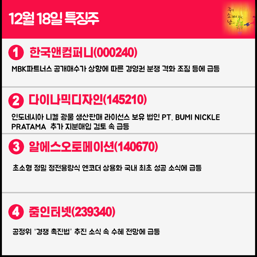 12월 18일 오늘의 특징주