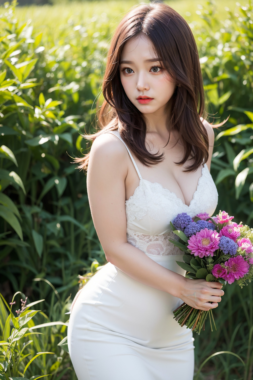  AI로 생성한 들판에서 꽃을든 청순녀 이미지 - 2