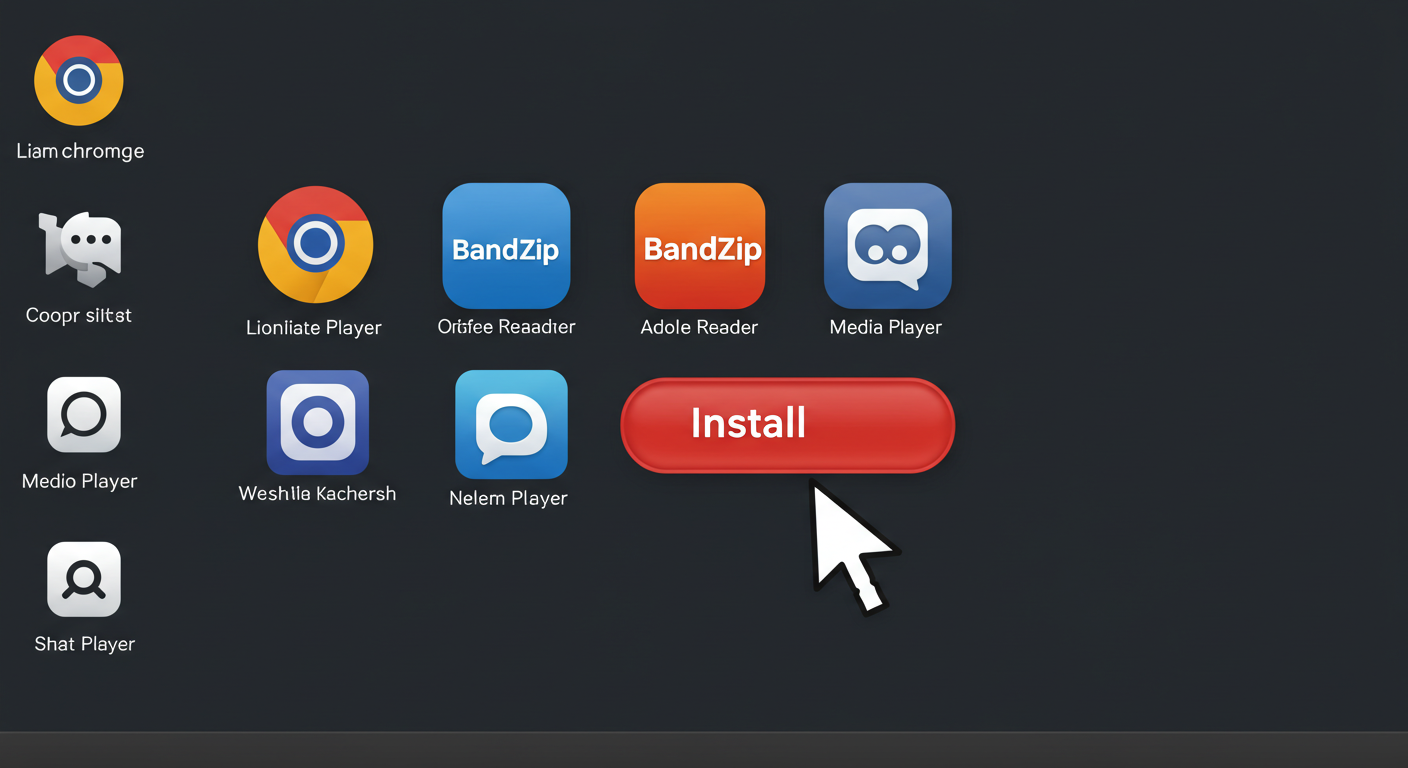 (Image Prompt: Clean desktop view showing icons of popular essential software like Chrome, Bandizip, Adobe Reader, and maybe a media player. Cursor hovering over an 'install' button mockup. Style: Clean graphic illustration.)