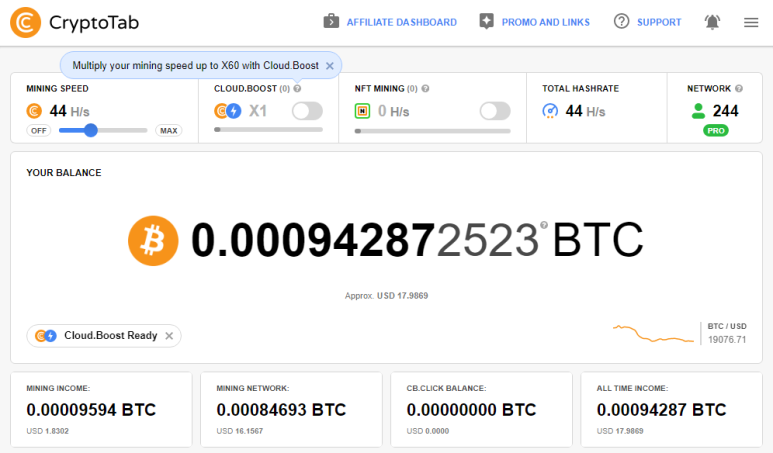  크립토탭 CryptoTab 브라우저를 통한 비트코인 채굴 현황 및 채굴 네트워크 244명 (2022.07.03)
