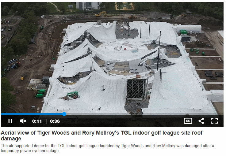 타이거&nbsp;우즈와&nbsp;로리&nbsp;매킬로이의 콜라보... 새로운&nbsp;첨단&nbsp;가상 골프&nbsp;리그 &#39;TGL&#39; VIDEO: Tiger Woods and Rory McIlroy virtual golf league venue suffers roof collapse due to heavy wind in Florida