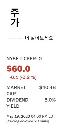 리얼티인컴-사이트-접속후-스크롤-내리면-주가와-배당수익률-확인-가능