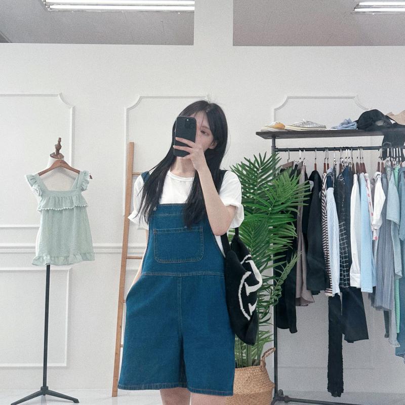 후리 루즈핏 진청 데님 멜빵 반바지