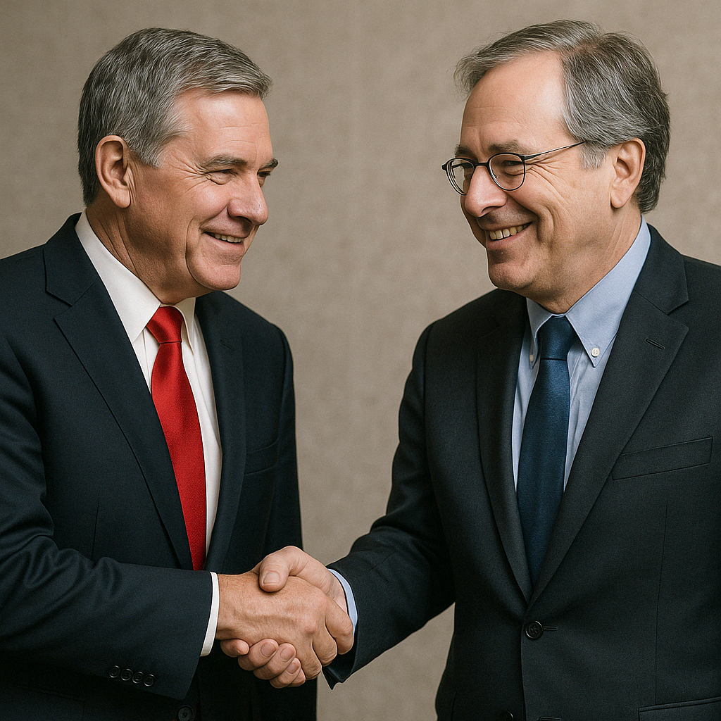 Two professionally dressed men shake hands with a smile, symbolizing agreement, cooperation, or a successful business or diplomatic meeting. The image represents mutual trust and professional interaction. Suitable for articles on diplomacy, business deals, partnerships, and political consensus.