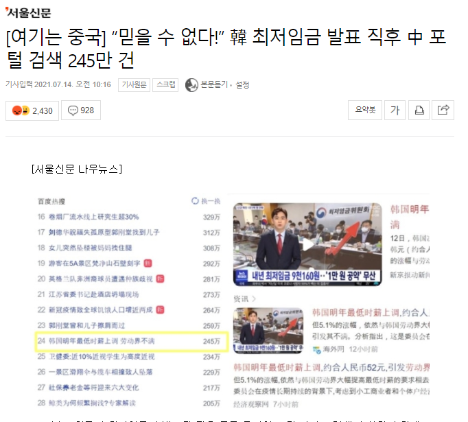  한국 최저임금에 관심 많은 중국인들 - 중국 포털 검색 245만 건 '한국최저임금'