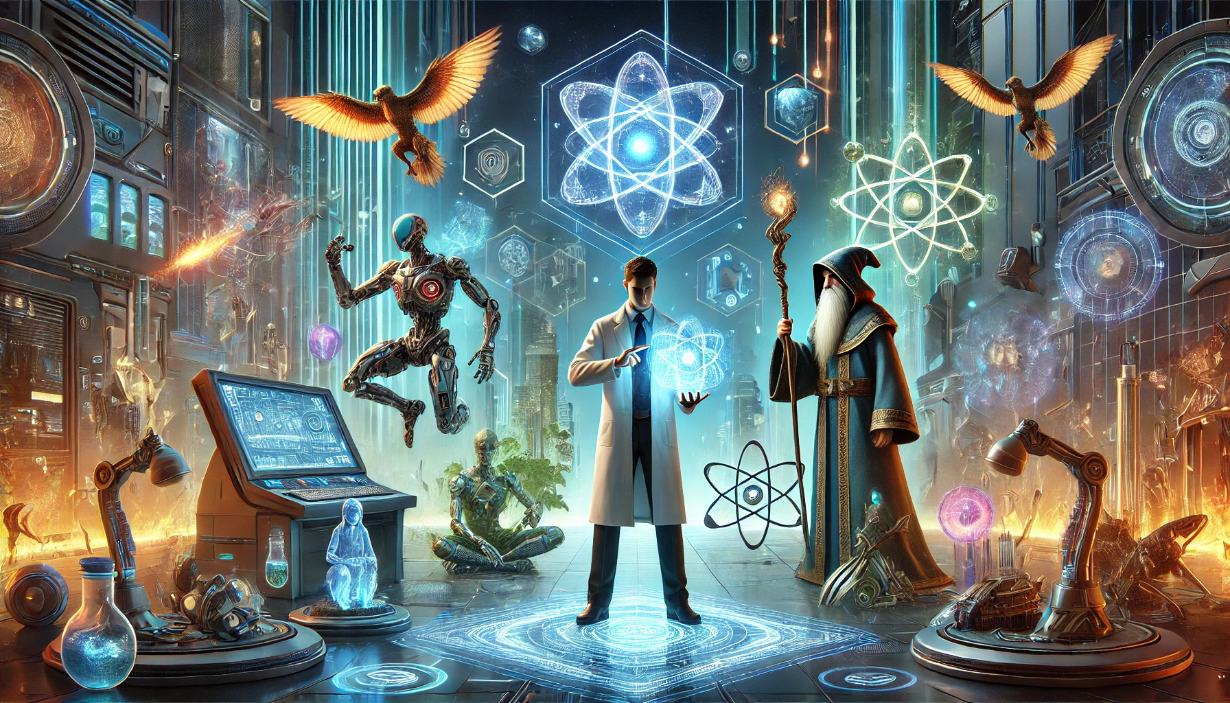 DALL·E 2024-07-19 14.03.01 - A futuristic scene where advanced science and technology blend seamlessly with elements of magic. In the center, a scientist in a high-tech lab coat i.webp