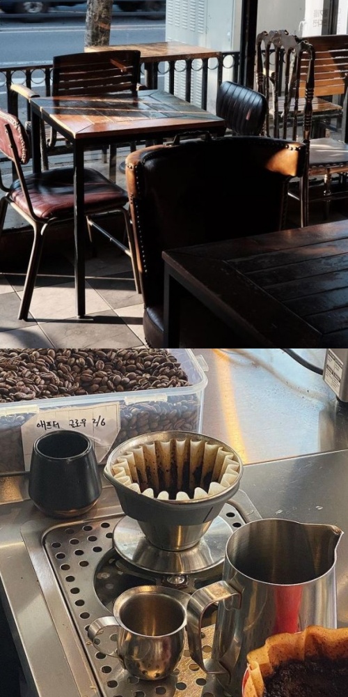 유동커피-카페의-테이블과-커피-제조-도구들이-보이는-장면