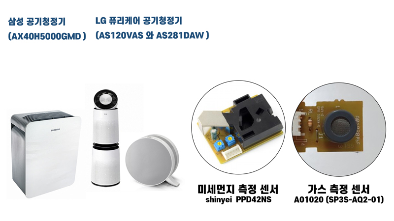 삼성 / LG 공기청정기 및 사용되는 센서들 이미지 입니다.