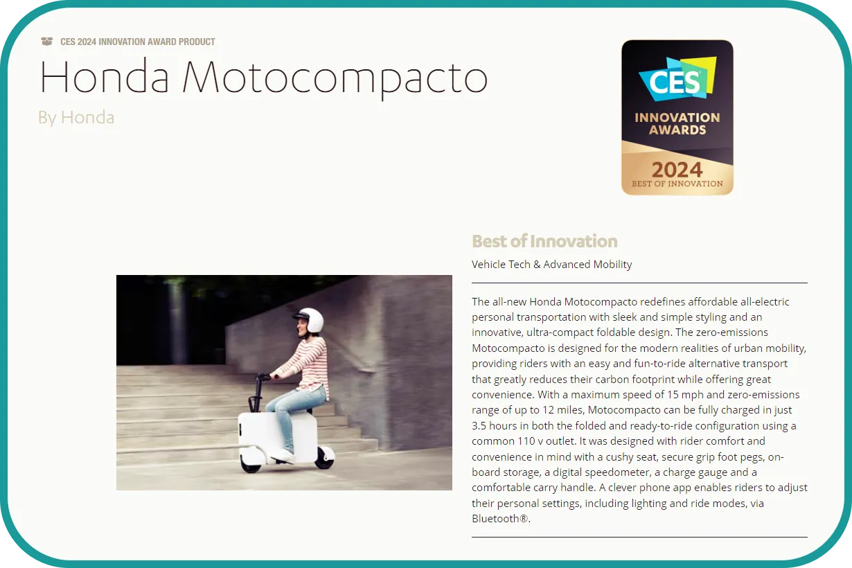 Honda의 Honda Motocompacto CES2024 최고혁신상