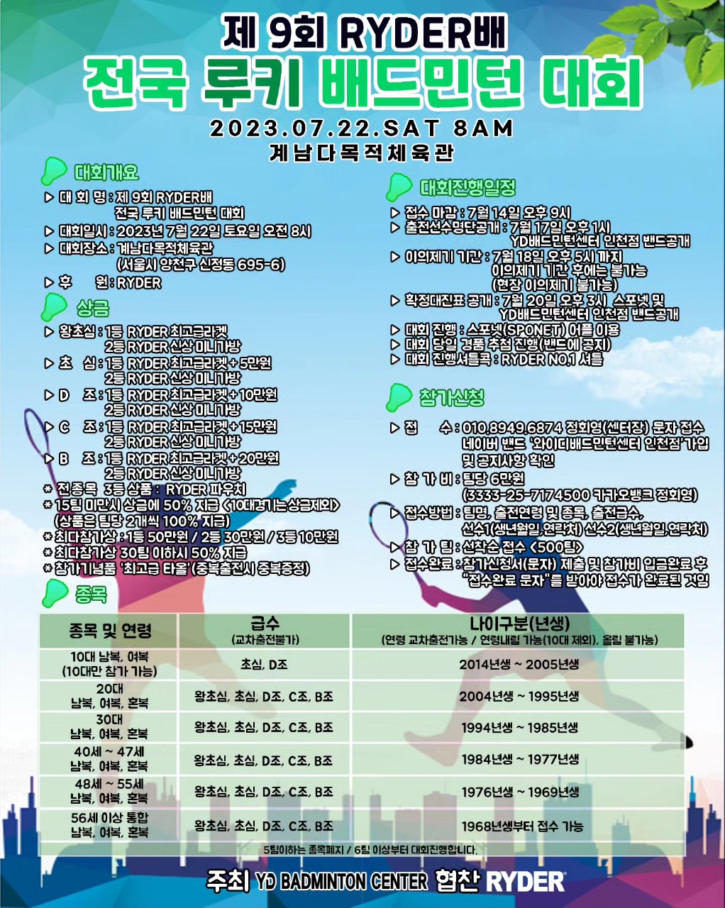  9회 라이더배 전국 루키 배드민턴 대회 / 7월 22일 토요일 / 양천구 계남다목적체육관