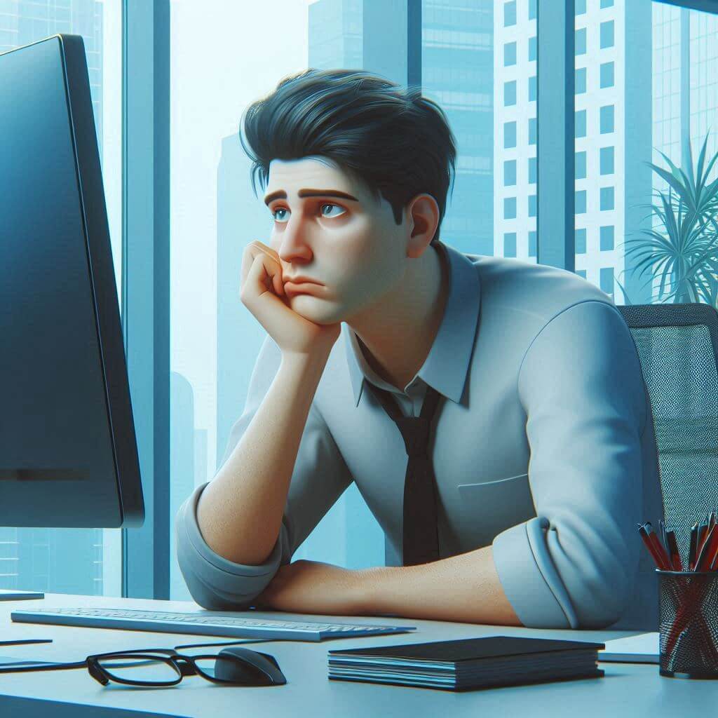 an office worker who feels tired while staring blankly at a computer screen